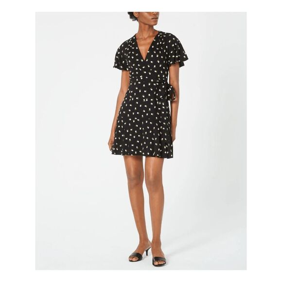Jill Stuart Black Floral V-Neck Short Sleeve Mini Sheath Dress Women's Size 12 - Picture 1 of 6